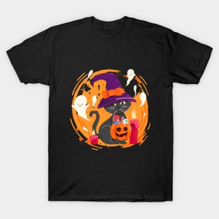 Catoween Halloween Cat Pumpkin And Candles T-Shirt